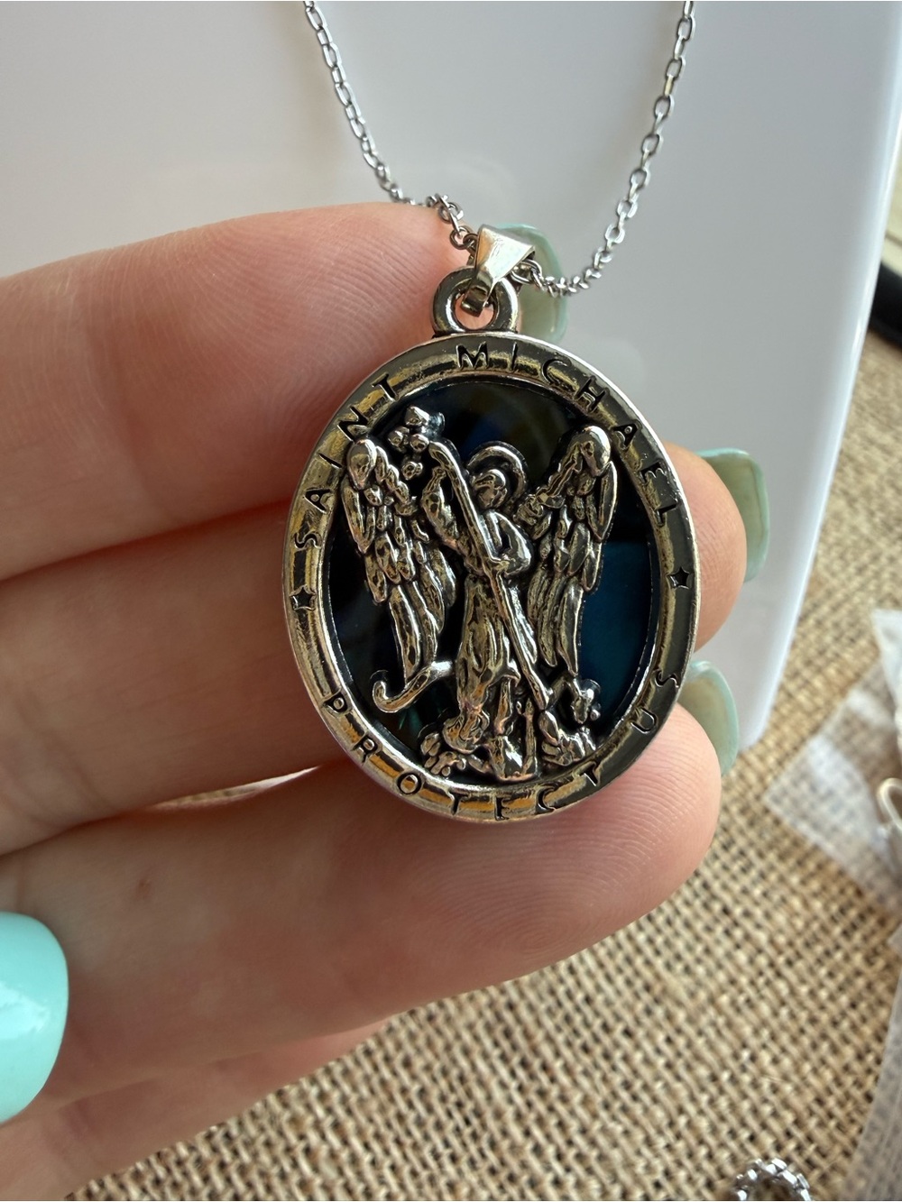 Saint Michael Silver-Tone Guardian Medal Necklace - Blue Enamel